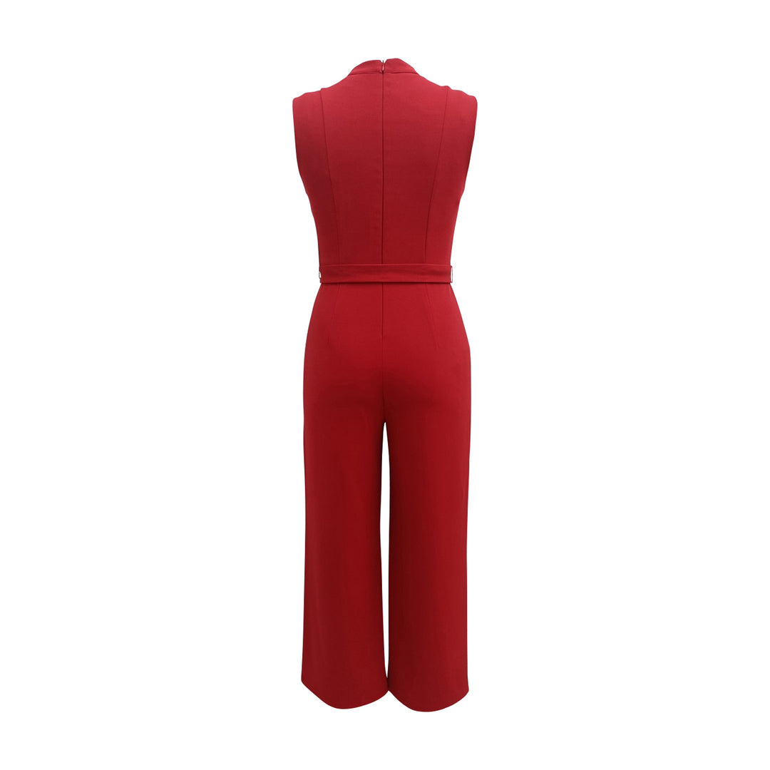 Gold button shoulder mock neck crepe jumpsuit