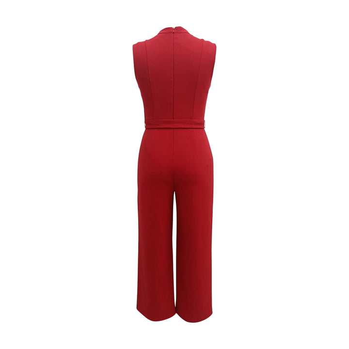 Gold button shoulder mock neck crepe jumpsuit