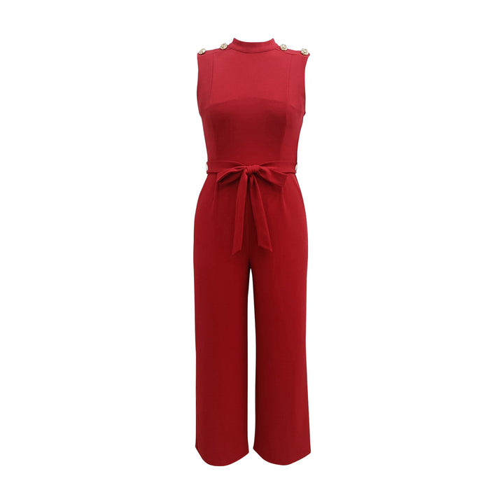 Gold button shoulder mock neck crepe jumpsuit