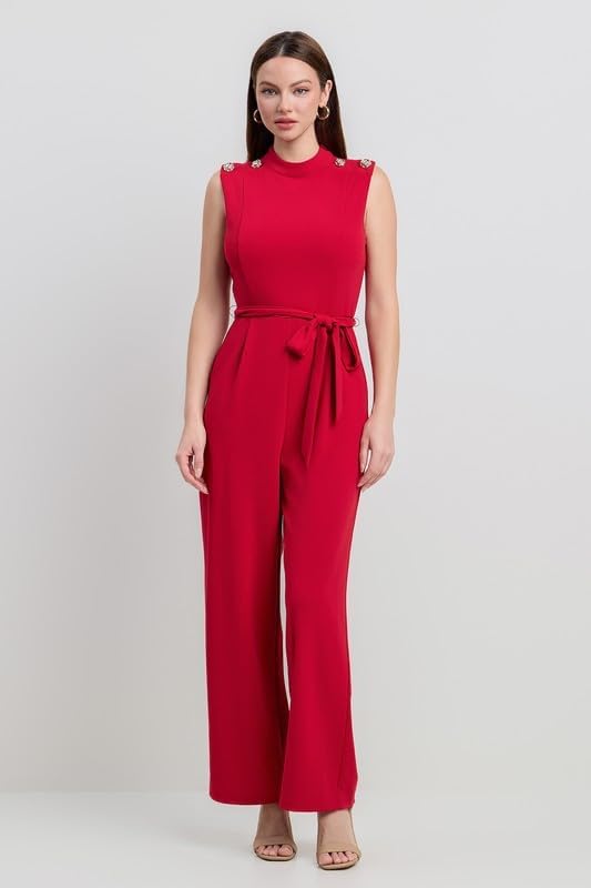 Gold button shoulder mock neck crepe jumpsuit