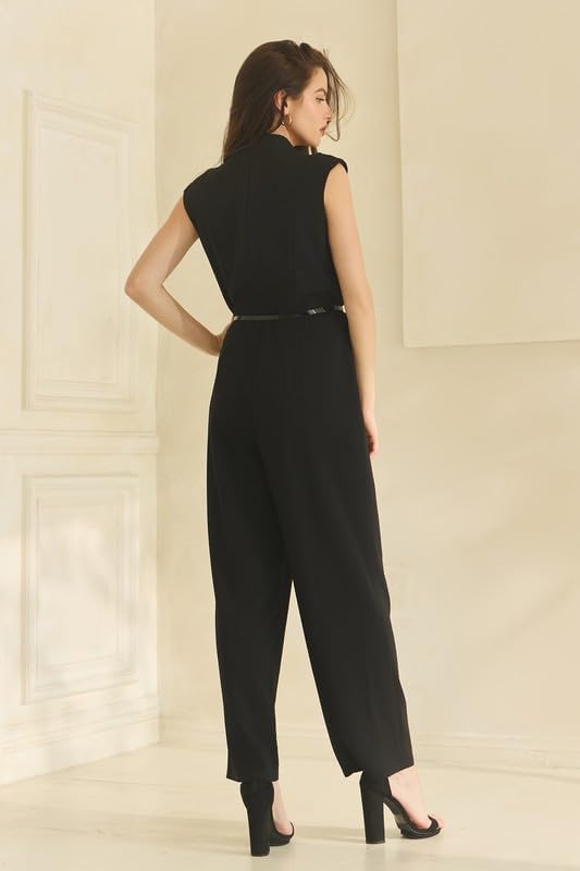 Chic wide shoulder rhinestone belt scuba jumpsuit