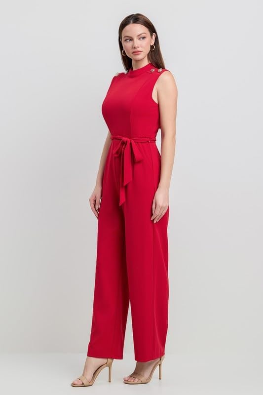 Gold button shoulder mock neck crepe jumpsuit