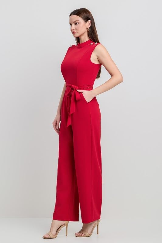 Gold button shoulder mock neck crepe jumpsuit