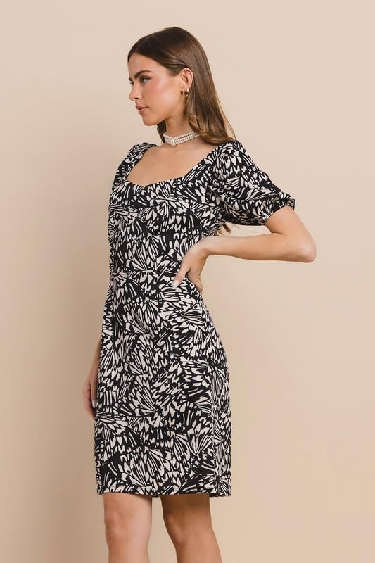 Queen Neck Puff Sleeves Cutout Scuba mini Dress