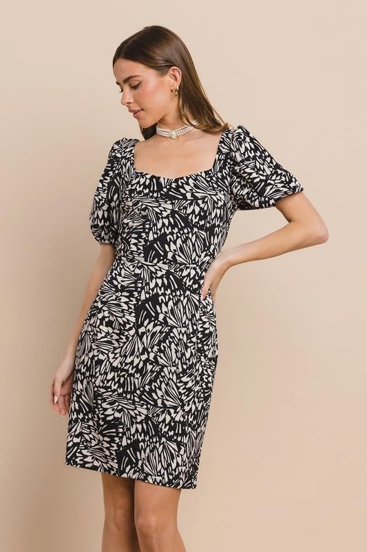 Queen Neck Puff Sleeves Cutout Scuba mini Dress