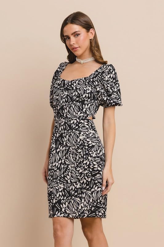 Queen Neck Puff Sleeves Cutout Scuba mini Dress